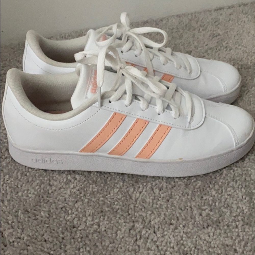 Pink and white Adidas court sneakers